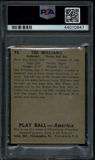1939 PLAY BALL 92 TED WILLIAMS RC PSA 4 VG - EX RED SOX 2