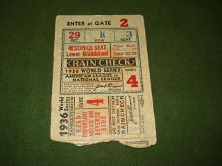 1936 York Yankees World Series Ticket Stub Game 4 - Lou Gehrig Home Run,