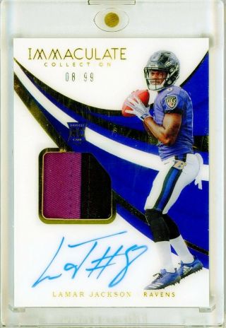 Lamar Jackson 2018 Immaculate True Rookie Patch Auto 8/99 = Jersey Number 1/1 Rc