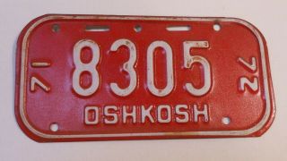 Vintage Wisconsin 1971 - 72 Oshkosh Bicycle License Plate