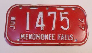 Vintage Wisconsin 1977 Menomonee Falls Bicycle License Plate