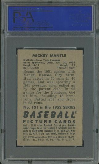 1952 Bowman 101 Mickey Mantle York Yankees HOF PSA 5 EX 
