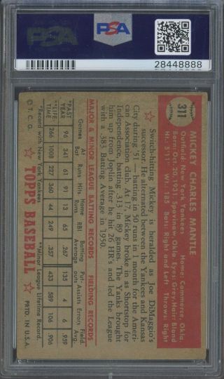 1952 Topps 311 Mickey Mantle York Yankees RC Rookie HOF PSA AUTHENTIC 2