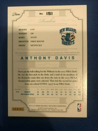 2012 - 13 NATIONAL TREASURES ANTHONY DAVIS 4CLR LOGO PATCH RPA ROOKIE RC AUTO /25 2