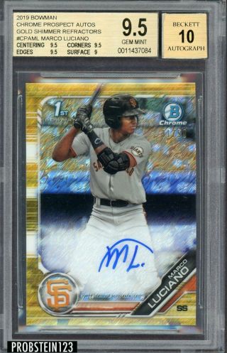 2019 Bowman Chrome Gold Shimmer Refractor Marco Luciano Rc Auto /50 Bgs 9.  5