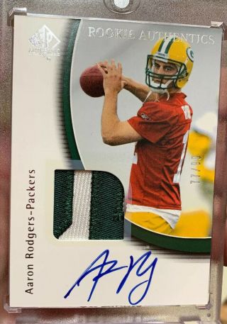 2005 Sp Authentic Aaron Rodgers Rookie Rc Auto Patch 77/99 252