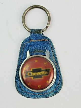 Vintage Chevy Chevette Logo Leather Keychain Keyring Fob Tab Medium Blue