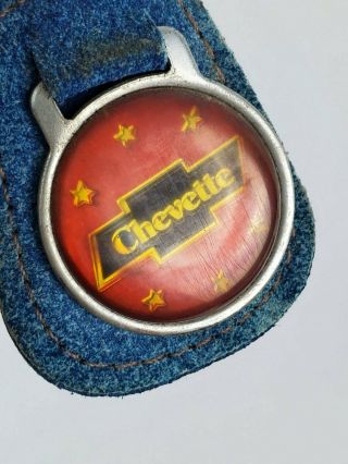 Vintage Chevy Chevette Logo Leather Keychain KeyRing FOB Tab Medium Blue 2