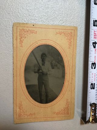 19th Century Tin Type Photo Baseball Player In Uniform W Bat Tintype