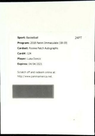 2018 - 19 Immaculate Luka Doncic Autograph Rookie Patch Auto Rc/99 Redemption Gem