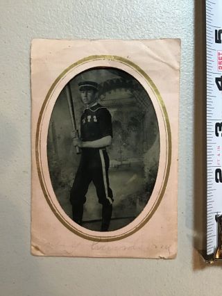 19th Century Baseball Player In Uniform Tin Type Photo W Bat Tintype