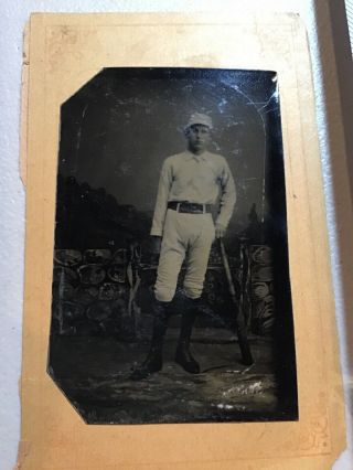 19th Century Baseball Player In Uniform Tin Type Photo With Bat Tintype