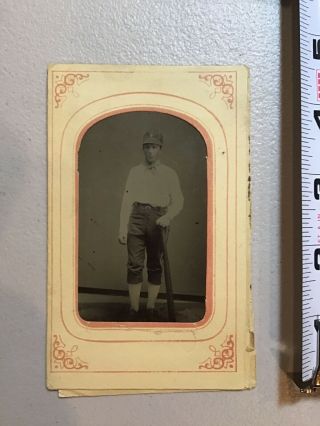 19th Century Baseball Player In Uniform Tin Type Photo Bat Tintype