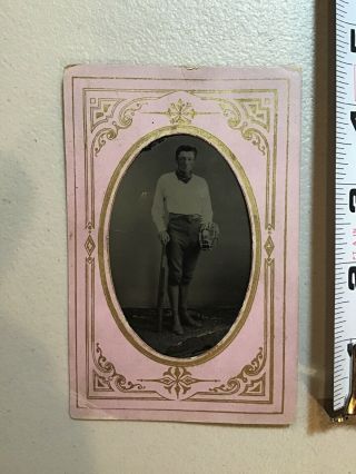 19th Century Baseball Player Tin Type Photo W Bat & Catcher’s Mask Tintype