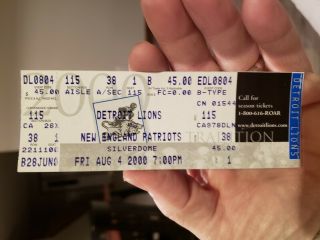 Tom Brady 1st Year Ticket Stub,  2nd Preseason Game 8/4/2000 Vs Lions Patriots