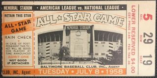 1958 Mlb All Star Game Ticket Memorial Stadium Baltimore Major League Baseball