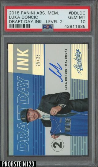 2018 - 19 Absolute Draft Day Ink Level 2 Luka Doncic Rc Auto 25/25 Psa 10 Pop 1