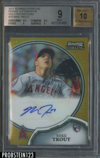 2011 Bowman Sterling Gold Refractor Mike Trout Angels Rc Auto /50 Bgs 9 W/ 9.  5