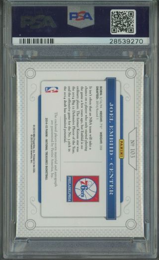 2014 - 15 National Treasures Joel Embiid RPA RC Patch AUTO /10 PSA 10 POP 1 ONLY 2