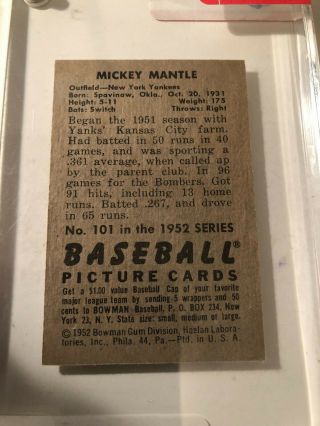 1952 BOWMAN 101 MICKEY MANTLE YANKEES in plastic case 2