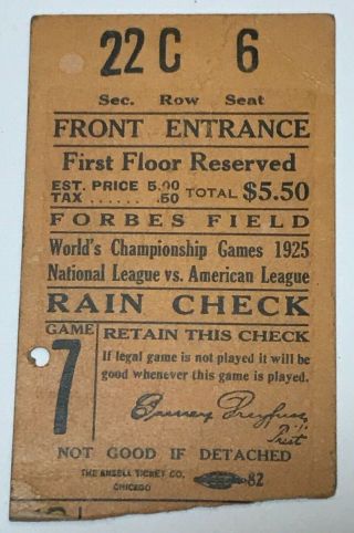 1925 World Series Ticket Stub - Game 7 - Pittsburgh Pirates Vs Washington Senators