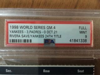 PSA 9 Full HIGHEST 1998 World Series Ticket NY Yankees Padres g4 Jeter Gwynn 2