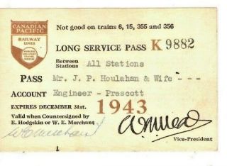 Canadian Pacific Railway Lines - Long Service Pass - All Stations - 1943