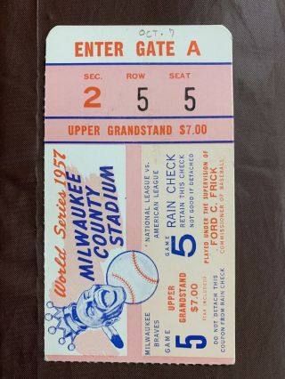 1957 57 Milwaukee Braves Ny Yankees Game 5 World Series Ticket Stub Burdette