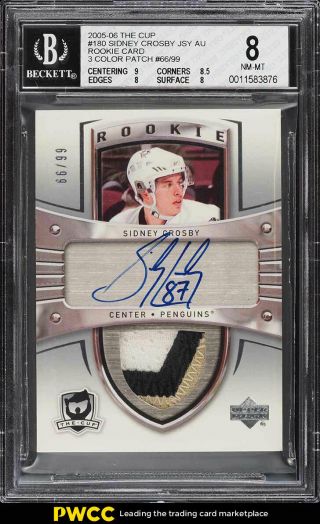 2005 - 06 Ud Cup Sidney Crosby Sp Rookie Rc Auto 3 - Color Patch 66/99 Bgs 8 (pwcc)