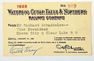 1929 Waterloo Cedar Falls & Northern Railway Co.  Annual Pass R Schaddelee R Kroy