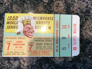 1958 World Series Ticket Stub Yankees At Milwaukee Braves Game 7