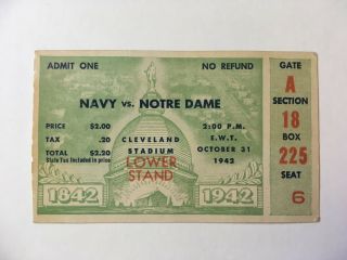 Vtg October 31 1942 Navy Vs Notre Dame Football Game Ticket Stub