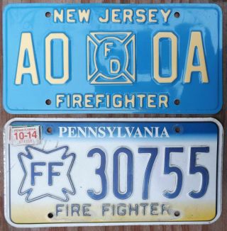 2 Different Firefighter License Plates Pennsylvania,  Jersey Blue Sample