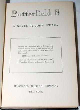 John O ' Hara,  BUTTERFIELD 8.  First edition/1st printing,  1935.  Author ' s 2nd novel 3