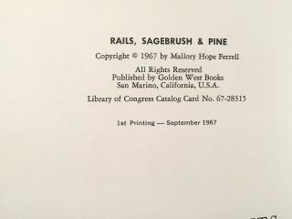 RAILS SAGEBRUSH & PINE Oregon Sumpter Valley 1967 FIRST HC - Mallory H.  Ferrell 3