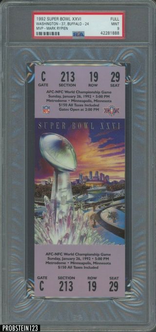 1992 Bowl Xxvi Full Ticket Mvp Mark Rypien Washington Redskins Win Psa 9
