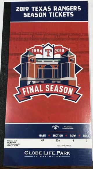 Texas Rangers Tickets - Full Season Booklet 2019 Final Season Final Game