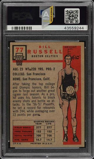 1957 Topps Basketball Bill Russell SP ROOKIE RC 77 PSA 3 VG (PWCC - A) 2