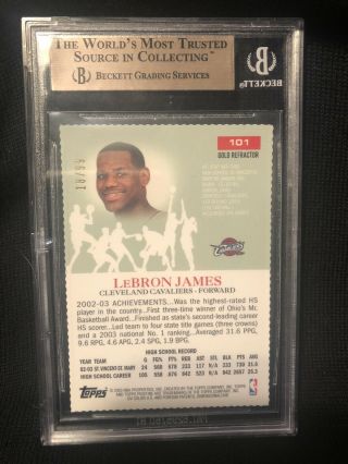 2003 - 04 Topps Pristine LEBRON JAMES GOLD REFRACTOR RC Card ed/99 BGS (9.  5) w/10 2