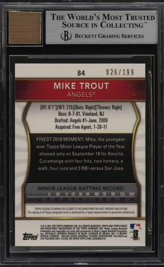 2011 Finest Green Refractor Mike Trout ROOKIE RC AUTO /199 84 BGS 9 (PWCC) 2