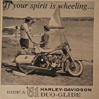 Harley Davidson Print Ad Flyer 1961 Duo - Glide Motorcycle Spirit Is Wheeling Vtg