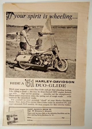 Harley Davidson Print Ad Flyer 1961 Duo - Glide Motorcycle Spirit Is Wheeling Vtg 2