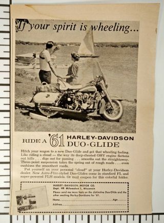 Harley Davidson Print Ad Flyer 1961 Duo - Glide Motorcycle Spirit Is Wheeling Vtg 3