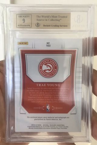 Trae Young 2018 National Treasures Rookie Patch Auto Rpa 73/99 Bgs 9.  5/auto 9❄️