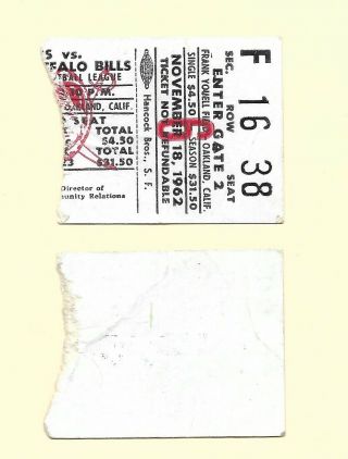 1962 Oakland Raiders Vs Buffalo Bills Ticket Stub - Frank Youell Field - Afl