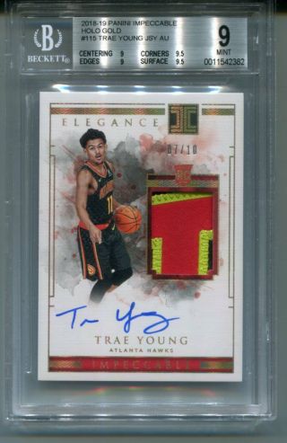 2018 - 19 Panini Impeccable Rc 115 Trae Young Gold Patch Auto 07/10 3col Bgs 9/10