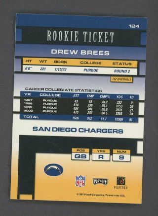 2001 Contenders Rookie Ticket Drew Brees Chargers RC Rookie AUTO SP /500 2