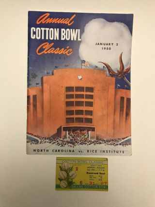 1950 Cotton Bowl Classic Program And Ticket Stub North Carolina Vs Rice