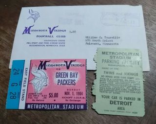1964 Minnesota Vikings Vs Green Bay Packers Ticket Stub Parking Pass & Envelope