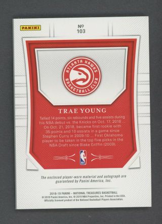 2018 - 19 National Treasures Trae Young Hawks RPA RC 4 - Color Patch AUTO /99 2